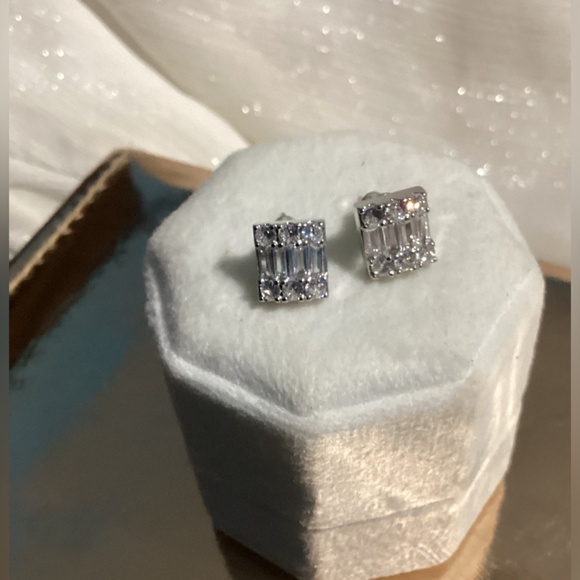 Luxurious Square Baguette & Round  cut Zircon Halo  Post back Earrings